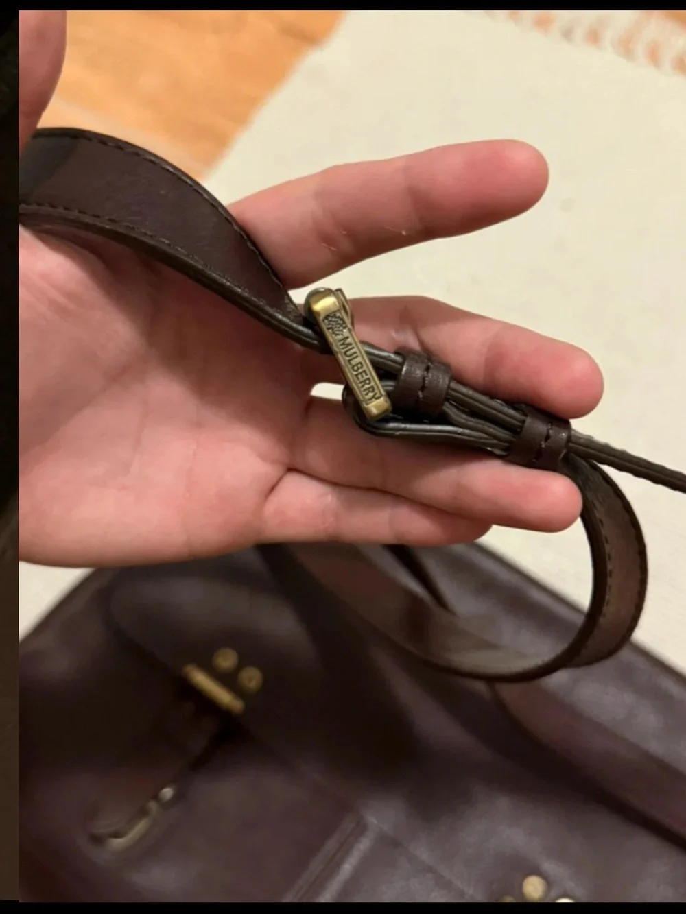 Mulberry Dark Brown Leather Messenger with Brass Buckle Details